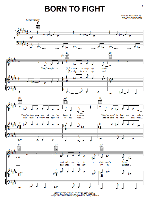 Tracy Chapman Born To Fight Sheet Music Notes & Chords for Piano, Vocal & Guitar (Right-Hand Melody) - Download or Print PDF