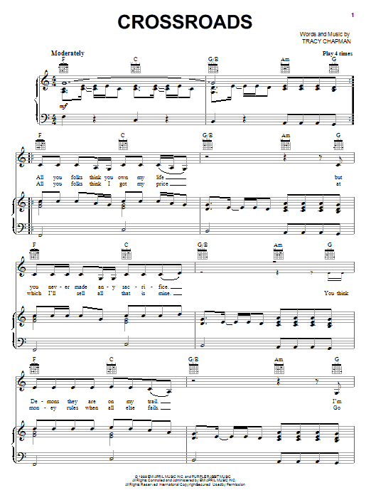 Tracy Chapman Crossroads Sheet Music Notes & Chords for Piano, Vocal & Guitar (Right-Hand Melody) - Download or Print PDF