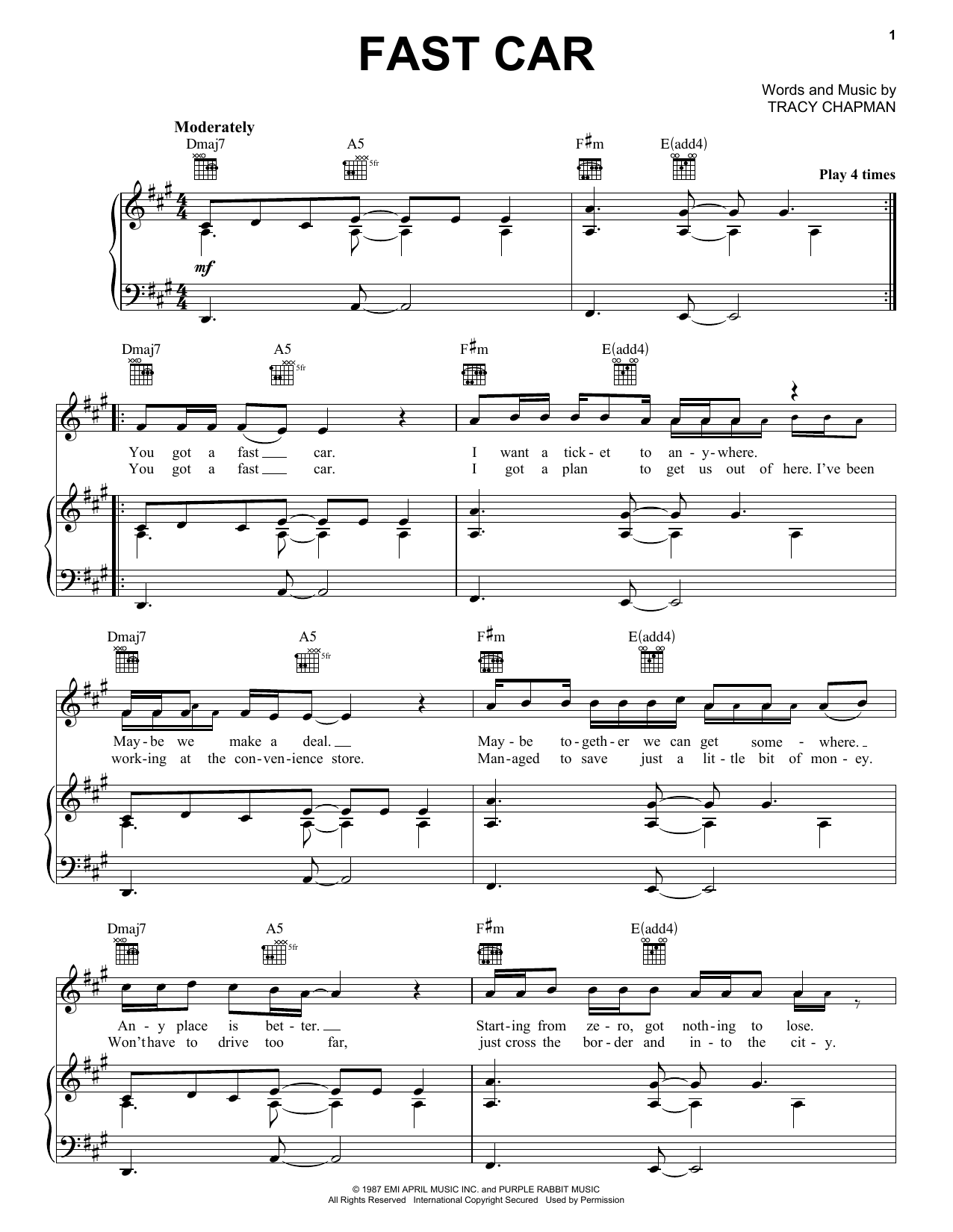 Tracy Chapman Fast Car Sheet Music Notes & Chords for Guitar Lead Sheet - Download or Print PDF