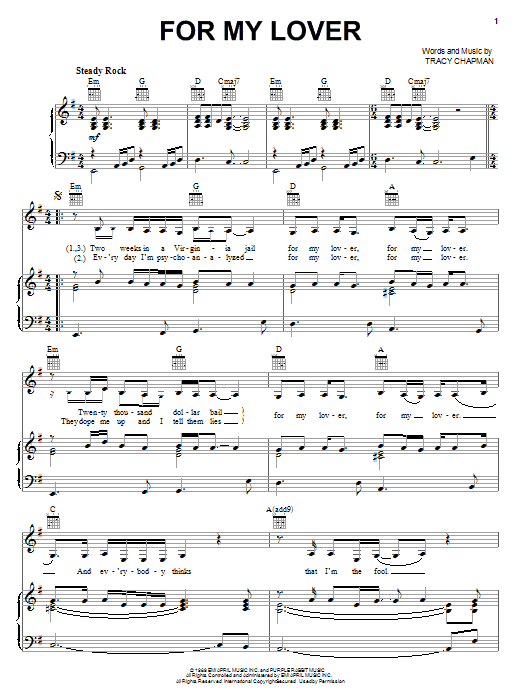 Tracy Chapman For My Lover Sheet Music Notes & Chords for Piano, Vocal & Guitar (Right-Hand Melody) - Download or Print PDF