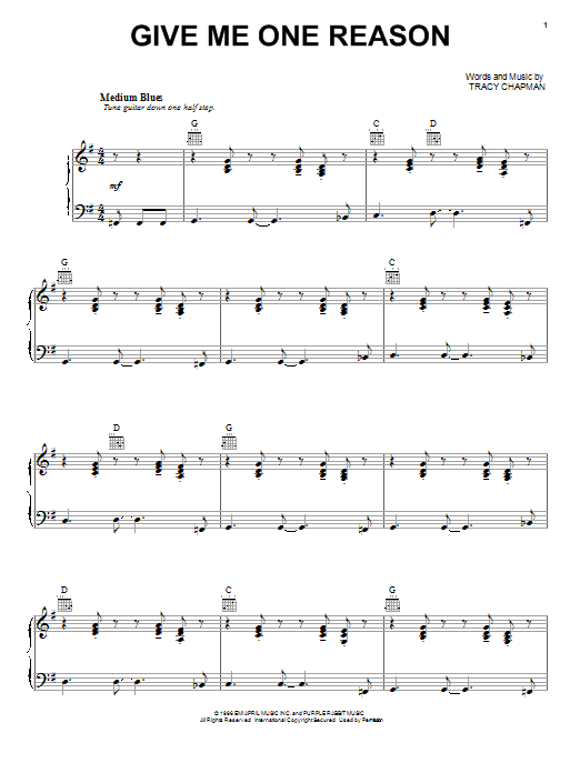 Tracy Chapman Give Me One Reason Sheet Music Notes & Chords for Easy Guitar - Download or Print PDF