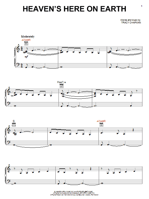 Tracy Chapman Heaven's Here On Earth Sheet Music Notes & Chords for Piano, Vocal & Guitar (Right-Hand Melody) - Download or Print PDF Tracy Chapman Heaven's Here On Earth Sheet Music Notes & Chords for Piano, Vocal & Guitar (Right-Hand Melody) - Download or Print PDF