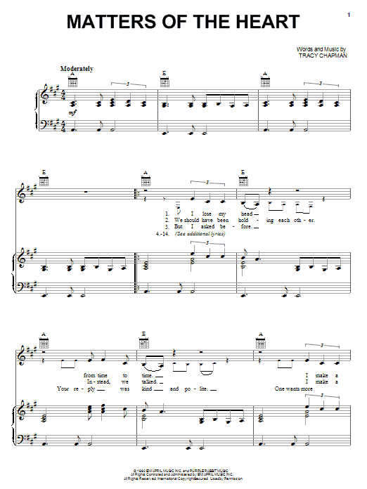 Tracy Chapman Matters Of The Heart Sheet Music Notes & Chords for Piano, Vocal & Guitar (Right-Hand Melody) - Download or Print PDF