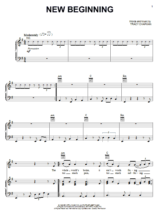 Tracy Chapman New Beginning Sheet Music Notes & Chords for Piano, Vocal & Guitar (Right-Hand Melody) - Download or Print PDF