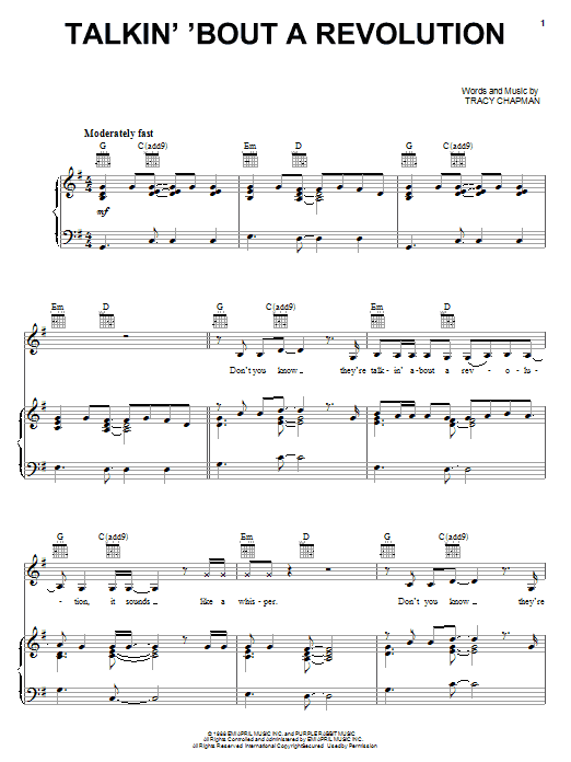 Tracy Chapman Talkin' Bout A Revolution Sheet Music Notes & Chords for Piano, Vocal & Guitar (Right-Hand Melody) - Download or Print PDF