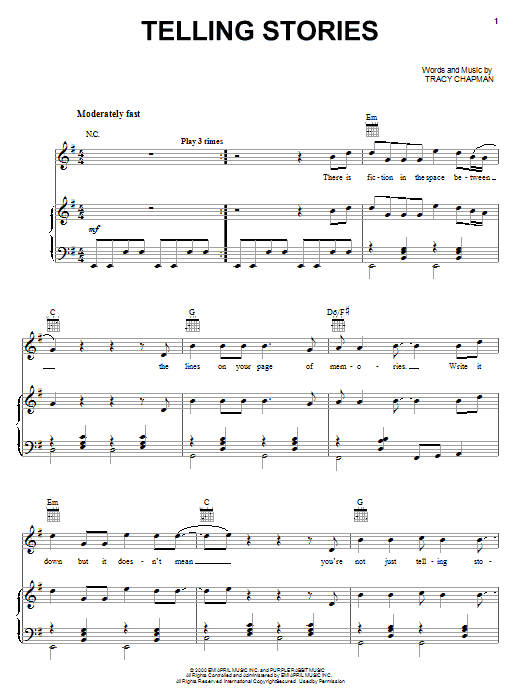 Tracy Chapman Telling Stories Sheet Music Notes & Chords for Piano, Vocal & Guitar (Right-Hand Melody) - Download or Print PDF