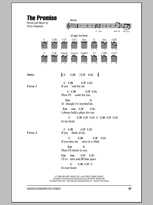 Tracy Chapman The Promise Sheet Music Notes & Chords for Lyrics & Chords - Download or Print PDF