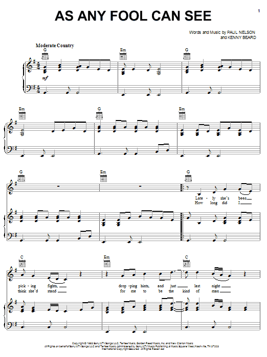 Tracy Lawrence As Any Fool Can See Sheet Music Notes & Chords for Piano, Vocal & Guitar (Right-Hand Melody) - Download or Print PDF