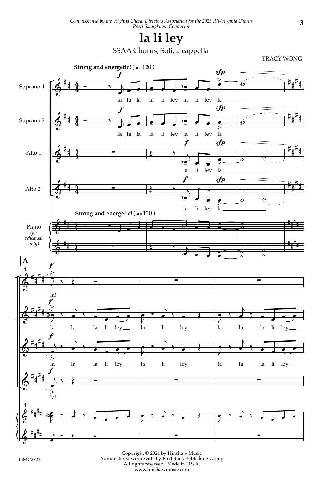 Tracy Wong la li ley Sheet Music Notes & Chords for SSAA Choir - Download or Print PDF