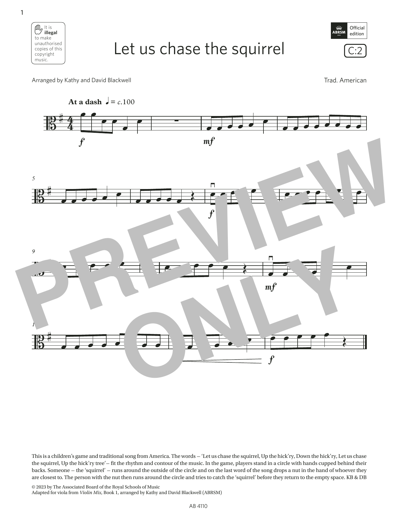 Trad. American Let us chase the squirrel (Grade Initial, C2, from the ABRSM Viola Syllabus from 2024) Sheet Music Notes & Chords for Viola Solo - Download or Print PDF