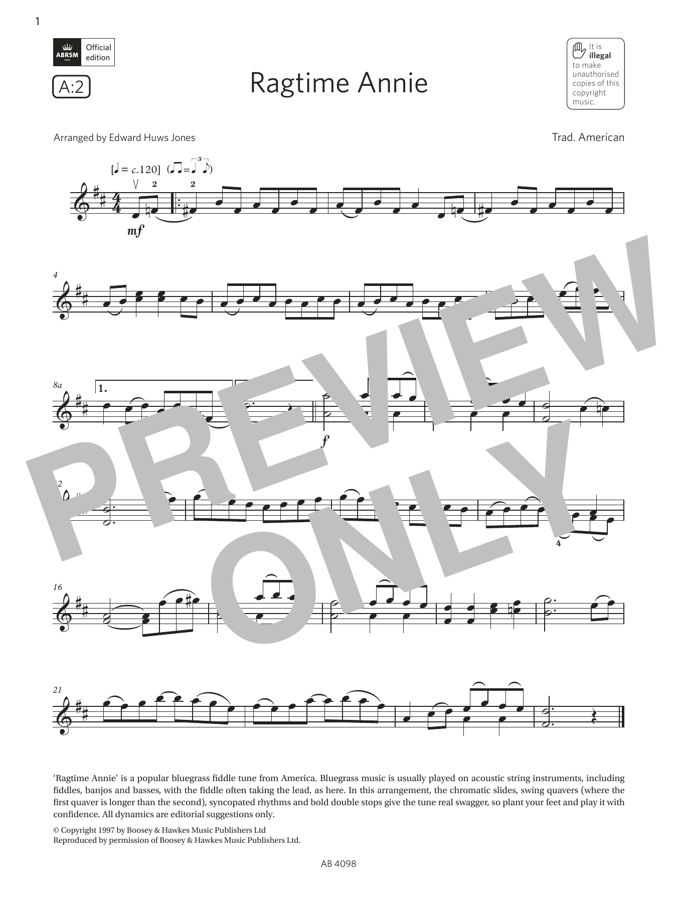 Trad. American Ragtime Annie (Grade 4, A2, from the ABRSM Violin Syllabus from 2024) Sheet Music Notes & Chords for Violin Solo - Download or Print PDF