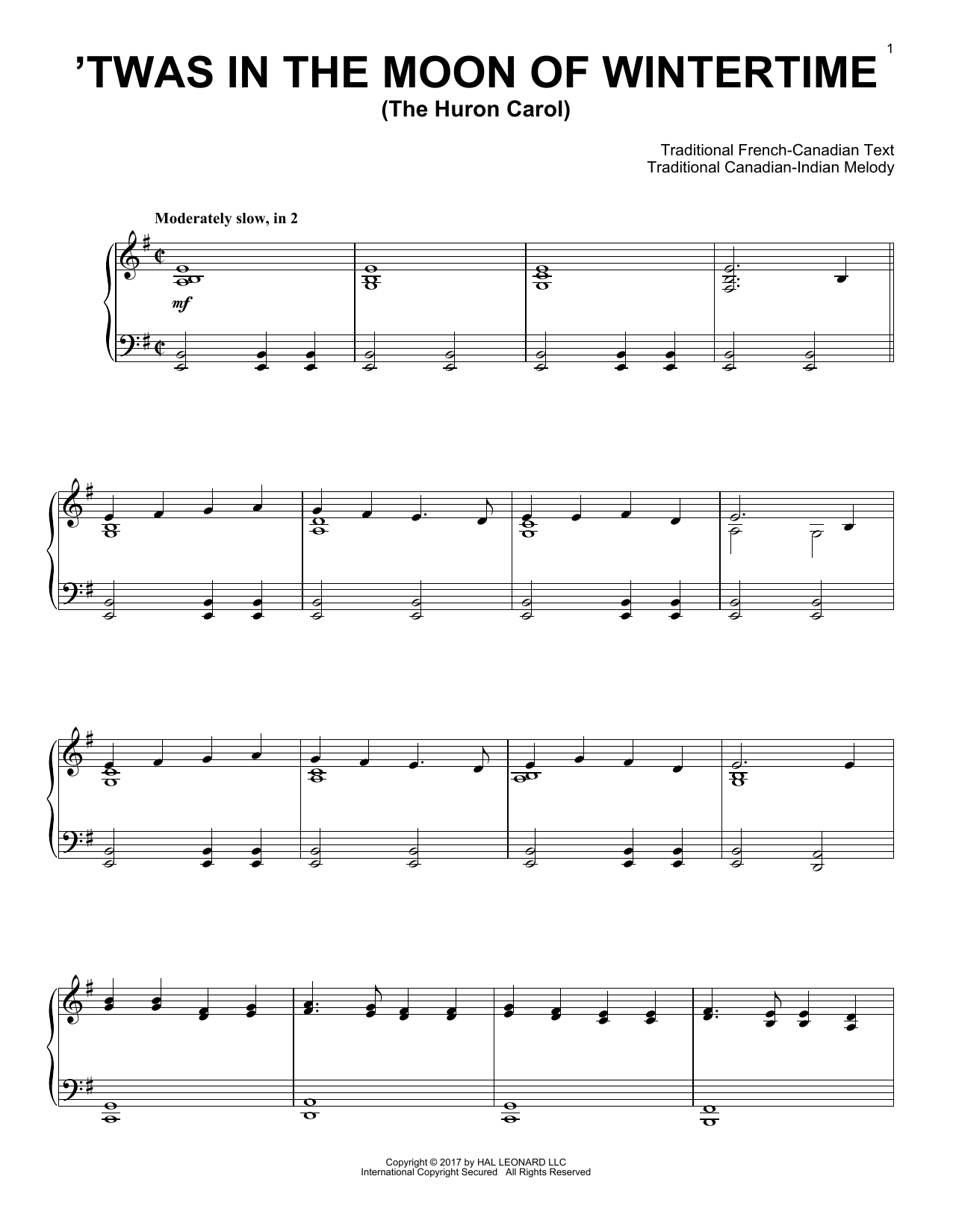 Trad. Canadian-Indian Melody The Huron Carol ('Twas In The Moon Of Wintertime) Sheet Music Notes & Chords for Piano - Download or Print PDF