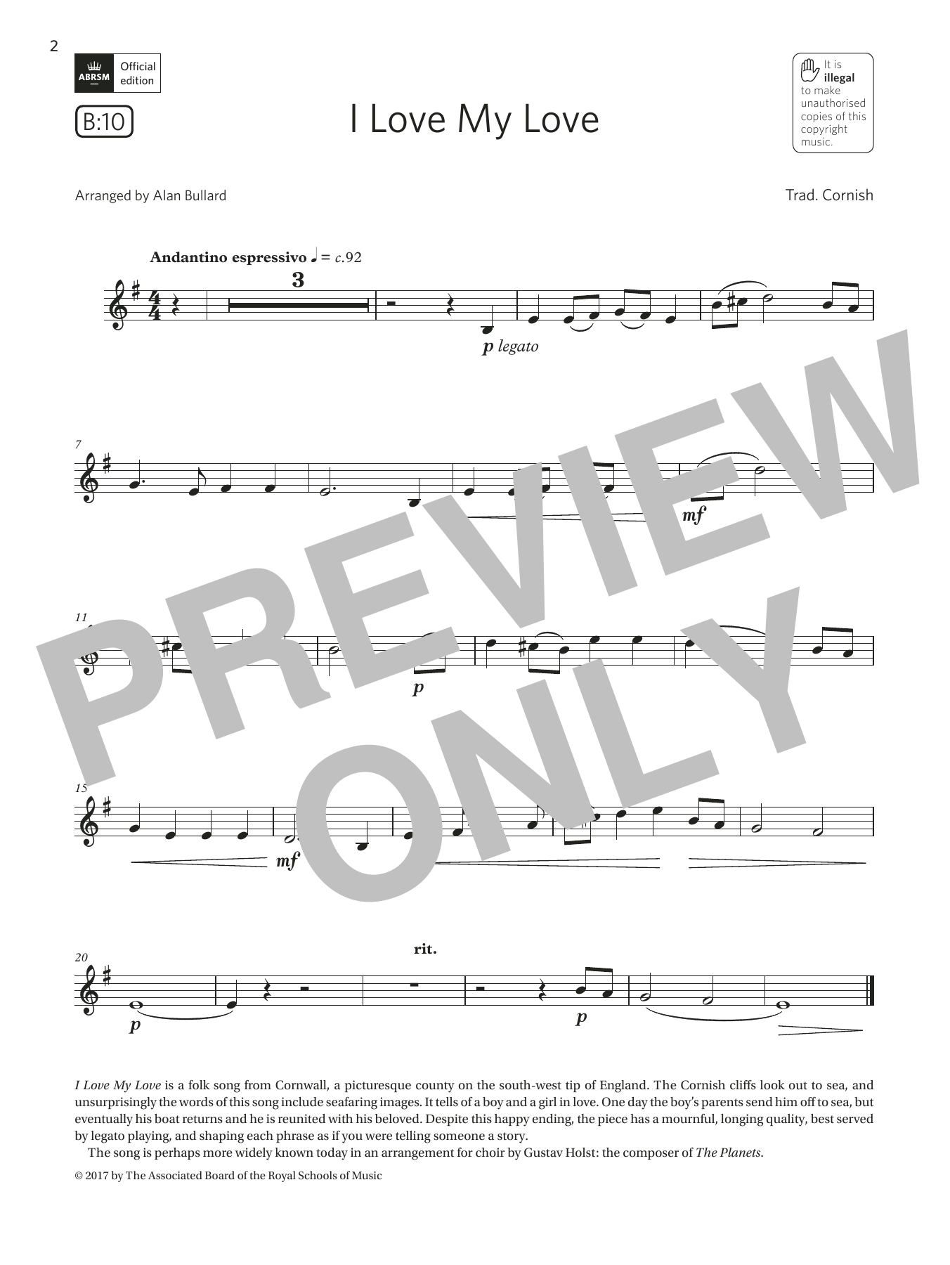 Trad. Cornish I Love My Love (Grade 2 List B10 from the ABRSM Clarinet syllabus from 2022) Sheet Music Notes & Chords for Clarinet Solo - Download or Print PDF Trad. Cornish I Love My Love (Grade 2 List B10 from the ABRSM Clarinet syllabus from 2022) Sheet Music Notes & Chords for Clarinet Solo - Download or Print PDF