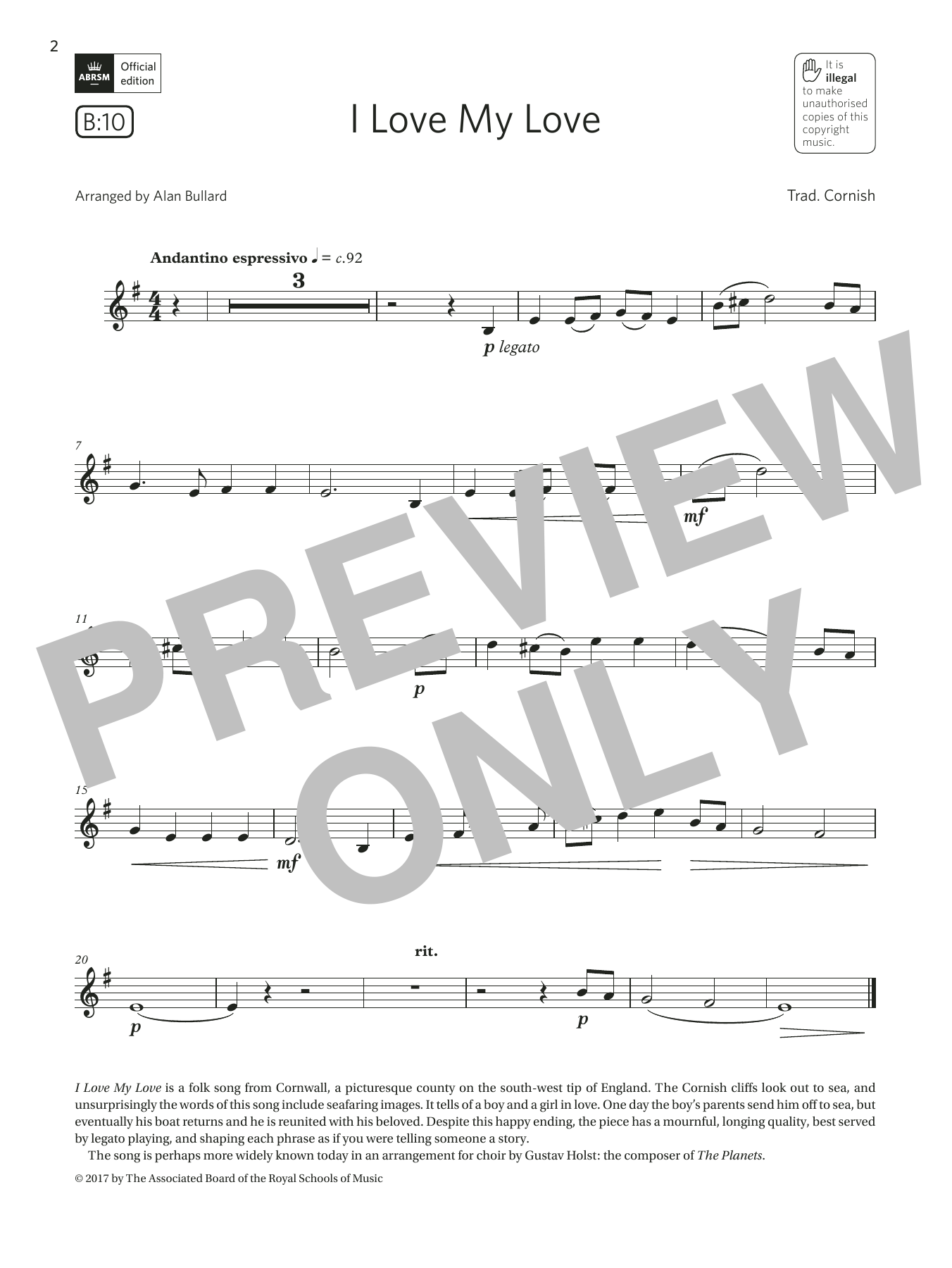 Trad. Cornish I Love My Love (Grade 2 List B10 from the ABRSM Clarinet syllabus from 2022) Sheet Music Notes & Chords for Clarinet Solo - Download or Print PDF