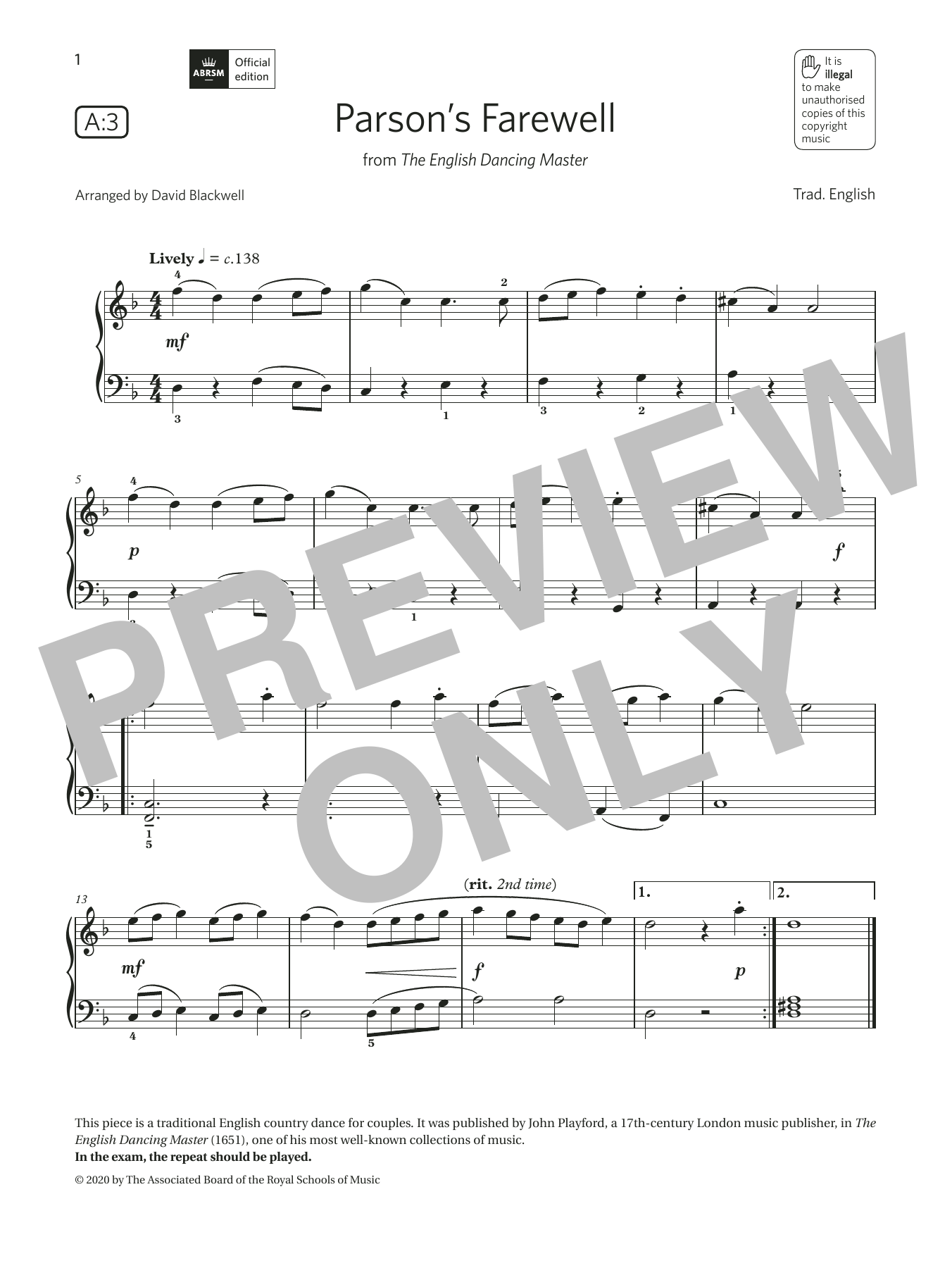 Trad. English Parson's Farewell (Grade 1, list A3, from the ABRSM Piano Syllabus 2021 & 2022) Sheet Music Notes & Chords for Piano Solo - Download or Print PDF