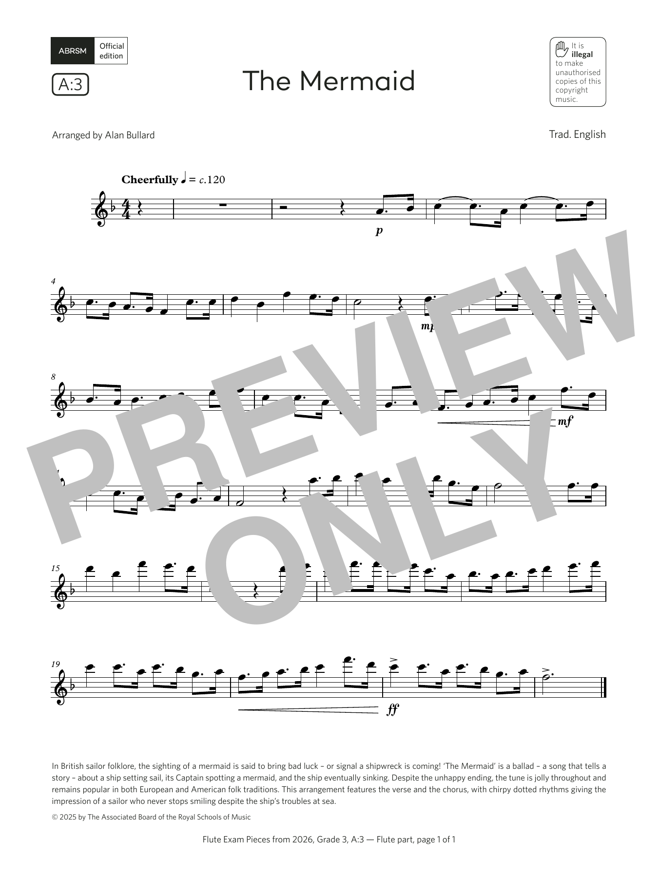 Trad. English The Mermaid (Grade 3, list A3, from the ABRSM Flute Syllabus from 2026) Sheet Music Notes & Chords for Flute Solo - Download or Print PDF Trad. English The Mermaid (Grade 3, list A3, from the ABRSM Flute Syllabus from 2026) Sheet Music Notes & Chords for Flute Solo - Download or Print PDF