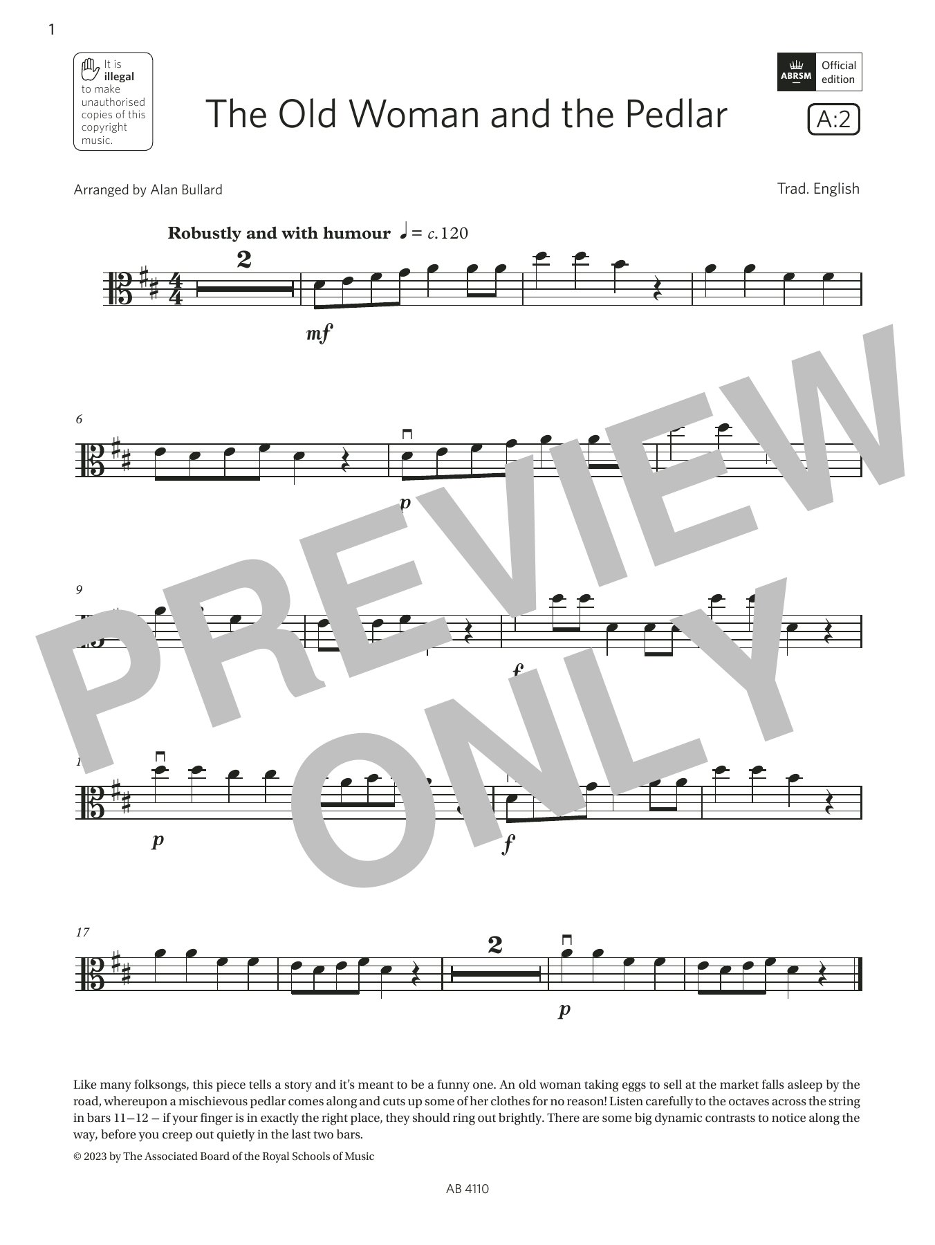 Trad. English The Old Woman and the Pedlar (Grade Initial, A2, from the ABRSM Viola Syllabus from 2024) Sheet Music Notes & Chords for Viola Solo - Download or Print PDF