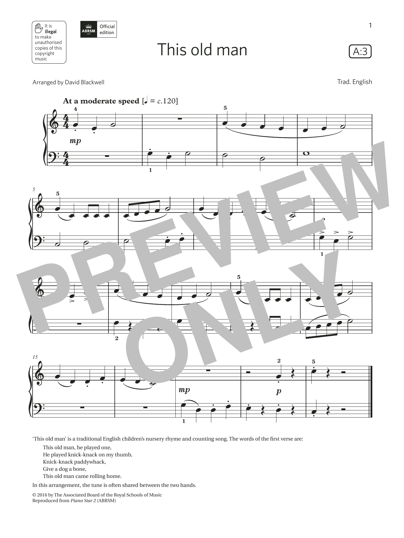 Trad. English This old man (Grade Initial, list A3, from the ABRSM Piano Syllabus 2021 & 2022) Sheet Music Notes & Chords for Piano Solo - Download or Print PDF