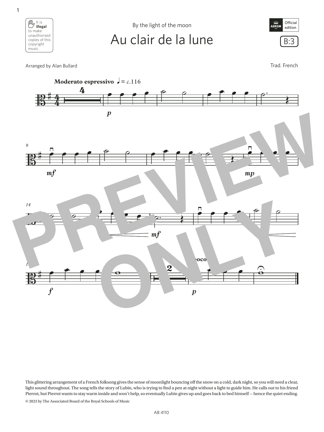 Trad. French Au clair de la lune (Grade Initial, B3, from the ABRSM Viola Syllabus from 2024) Sheet Music Notes & Chords for Viola Solo - Download or Print PDF