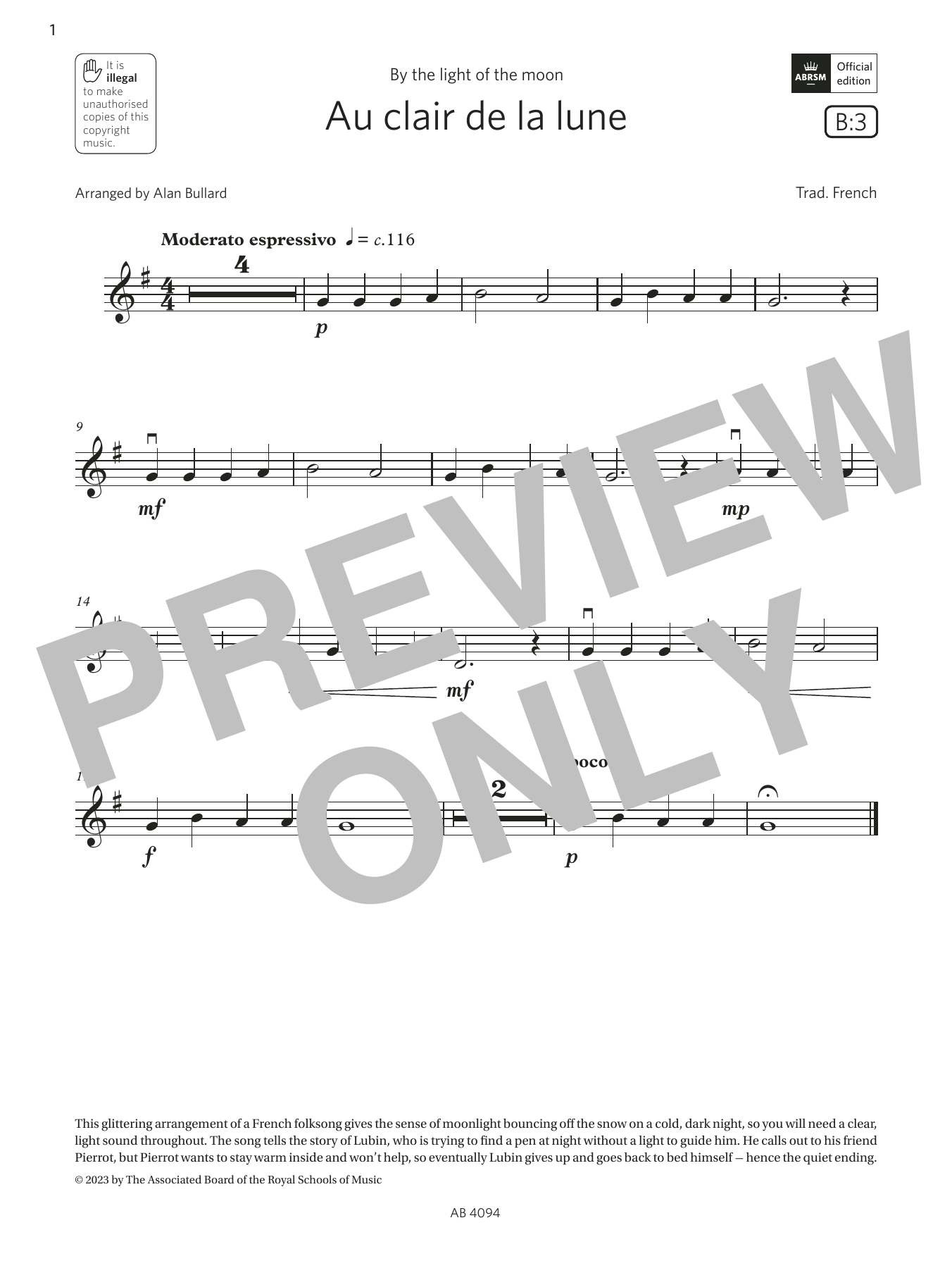Trad. French Au clair de la lune (Grade Initial, B3, from the ABRSM Violin Syllabus from 2024) Sheet Music Notes & Chords for Violin Solo - Download or Print PDF