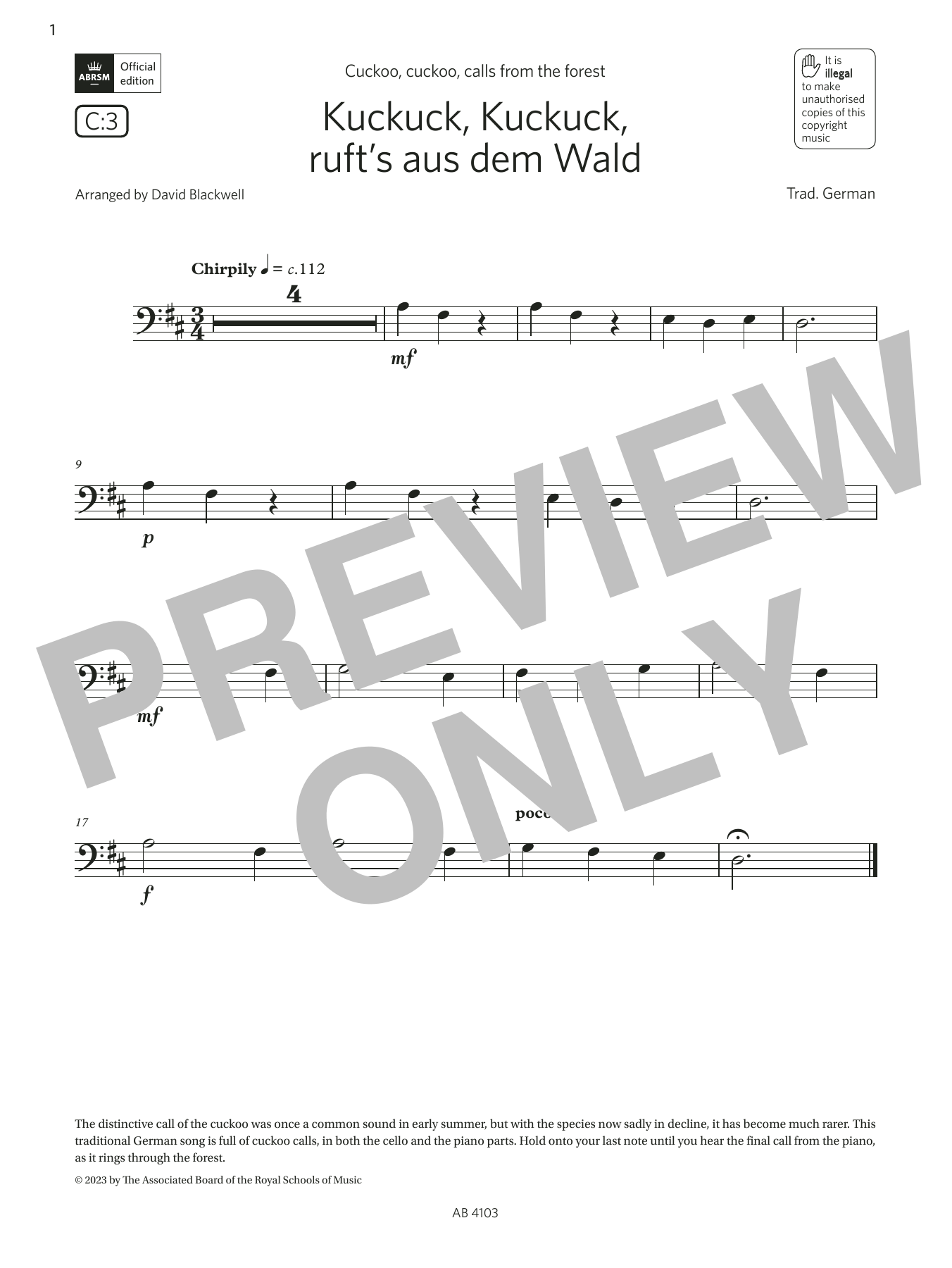 Trad. German Kuckuck, Kuckuck, ruft's aus dem Wald (Grade Initial, C3, from the ABRSM Cello Syllabus from 2024) Sheet Music Notes & Chords for Cello Solo - Download or Print PDF