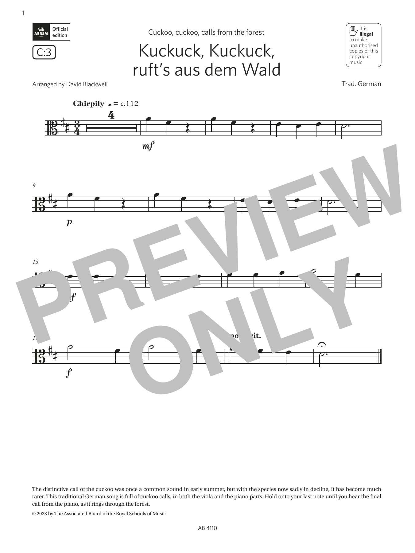 Trad. German Kuckuck, Kuckuck ruft's aus dem Wald (Grade Initial, C3, from the ABRSM Viola Syllabus from 2024) Sheet Music Notes & Chords for Viola Solo - Download or Print PDF