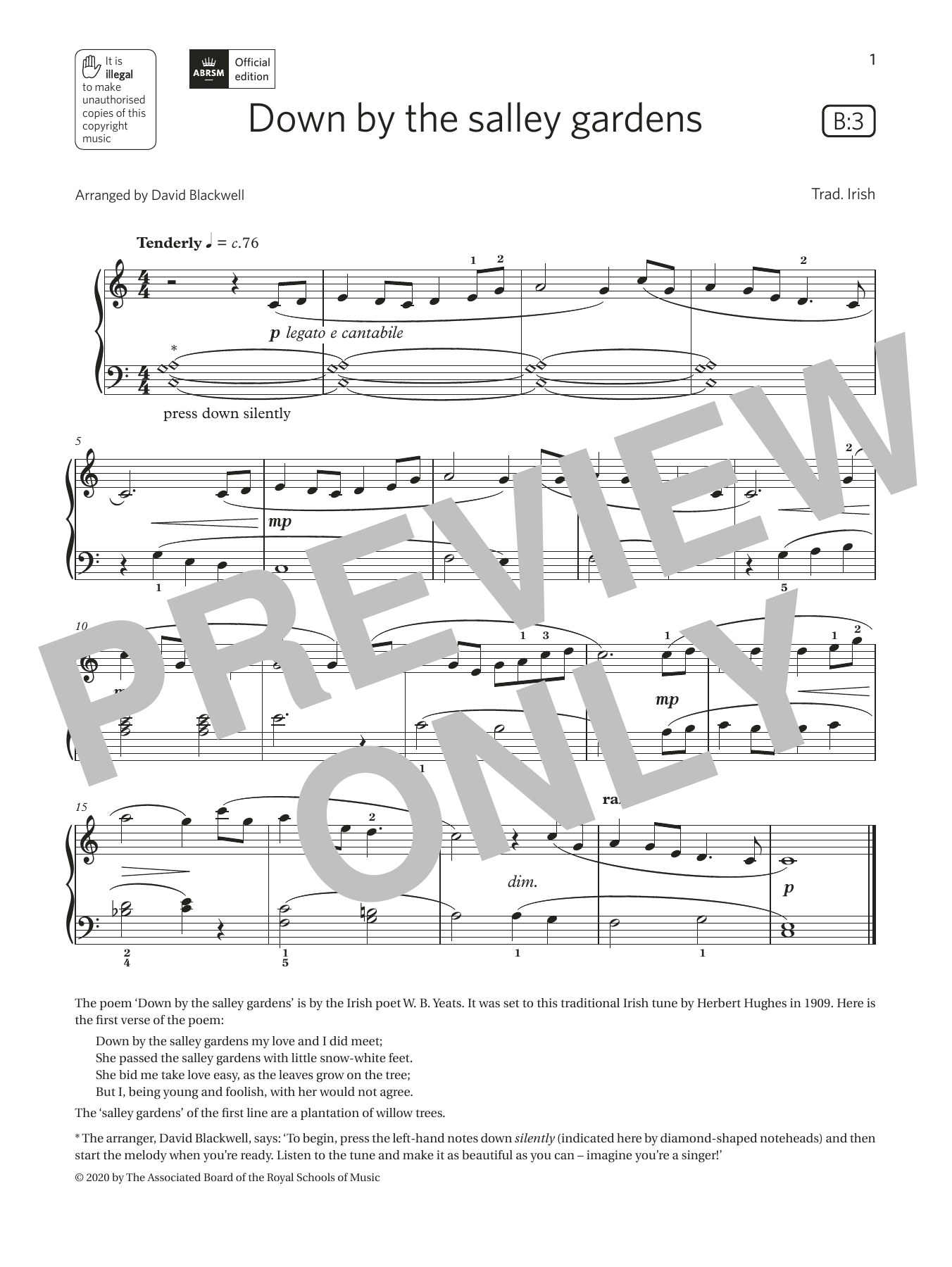 Trad. Irish Down by the salley gardens (Grade 1, list B3, from the ABRSM Piano Syllabus 2021 & 2022) Sheet Music Notes & Chords for Piano Solo - Download or Print PDF