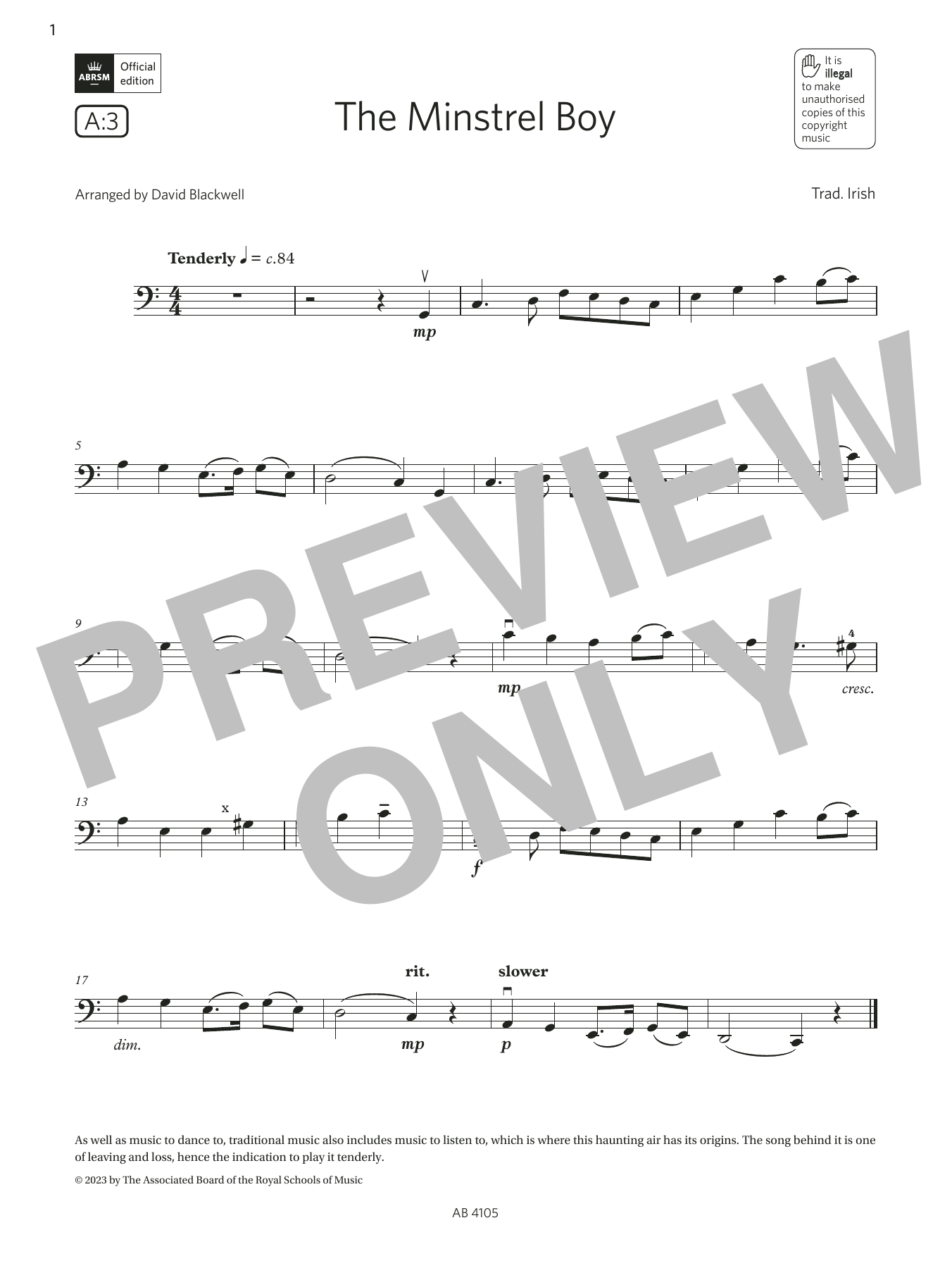 Trad. Irish The Minstrel Boy (Grade 2, A3, from the ABRSM Cello Syllabus from 2024) Sheet Music Notes & Chords for Cello Solo - Download or Print PDF