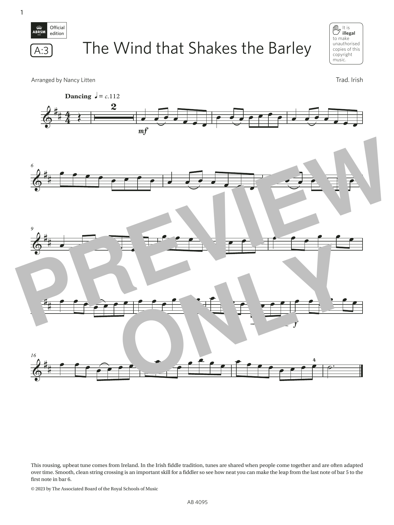 Trad. Irish The Wind that Shakes the Barley (Grade 1, A3, from the ABRSM Violin Syllabus from 2024) Sheet Music Notes & Chords for Violin Solo - Download or Print PDF Trad. Irish The Wind that Shakes the Barley (Grade 1, A3, from the ABRSM Violin Syllabus from 2024) Sheet Music Notes & Chords for Violin Solo - Download or Print PDF