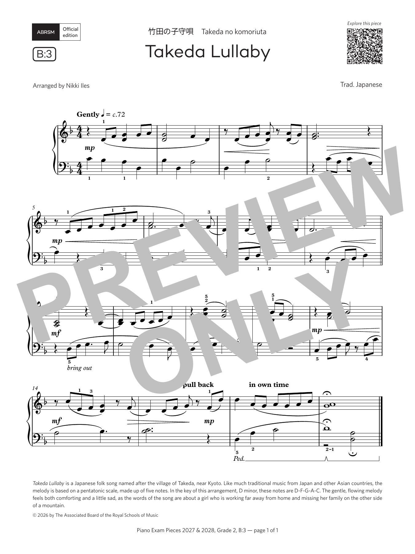 Trad. Japanese Takeda Lullaby (Grade 2, list B3, from the ABRSM Piano Syllabus 2027 & 2028) Sheet Music Notes & Chords for Piano Solo - Download or Print PDF