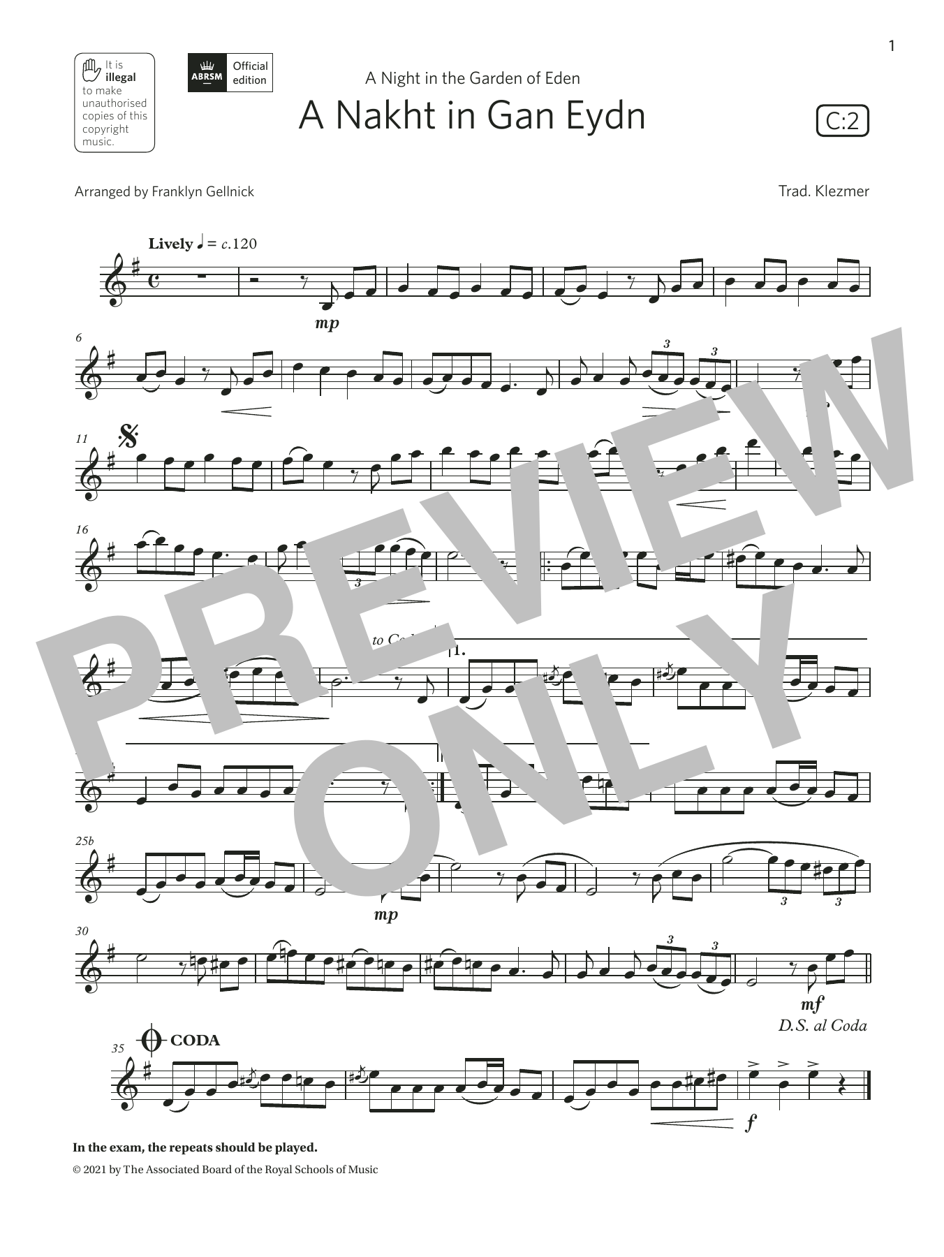 Trad. Klezmer A Nakht in Gan Eydn (Grade 4 List C2 from the ABRSM Clarinet syllabus from 2022) Sheet Music Notes & Chords for Clarinet Solo - Download or Print PDF