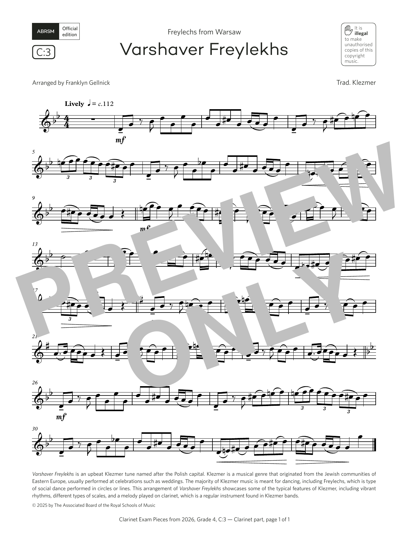 Trad. Klezmer Varshaver Freylekhs (Grade 4, list C3, from the ABRSM Clarinet Syllabus from 2026) Sheet Music Notes & Chords for Clarinet Solo - Download or Print PDF Trad. Klezmer Varshaver Freylekhs (Grade 4, list C3, from the ABRSM Clarinet Syllabus from 2026) Sheet Music Notes & Chords for Clarinet Solo - Download or Print PDF
