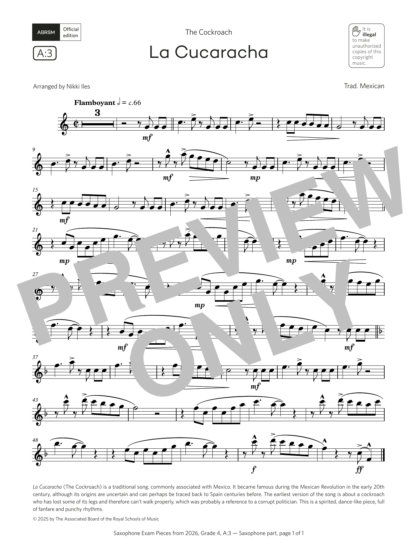 Trad. Mexican La Cucaracha (Grade 4, list A3, from the ABRSM Saxophone Syllabus from 2026) Sheet Music Notes & Chords for Alto Sax Solo - Download or Print PDF Trad. Mexican La Cucaracha (Grade 4, list A3, from the ABRSM Saxophone Syllabus from 2026) Sheet Music Notes & Chords for Alto Sax Solo - Download or Print PDF