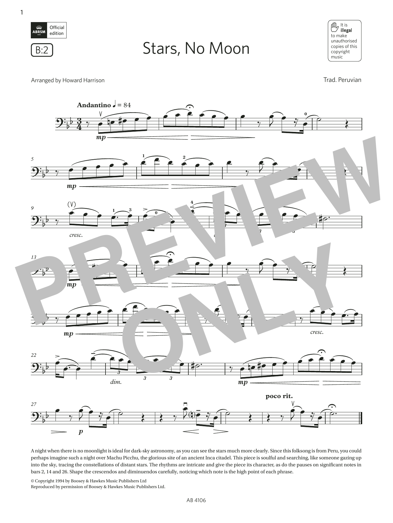 Trad. Peruvian Stars, No Moon (Grade 3, B2, from the ABRSM Cello Syllabus from 2024) Sheet Music Notes & Chords for Cello Solo - Download or Print PDF