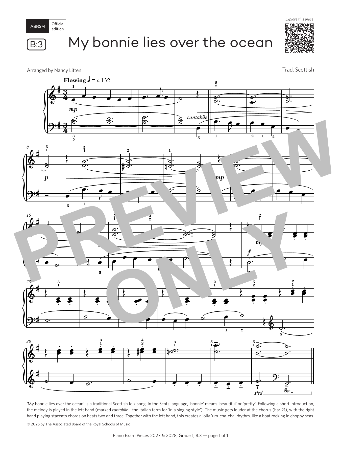 Trad. Scottish My bonnie lies over the ocean (Grade 1, list B3, from the ABRSM Piano Syllabus 2027 & 2028) Sheet Music Notes & Chords for Piano Solo - Download or Print PDF