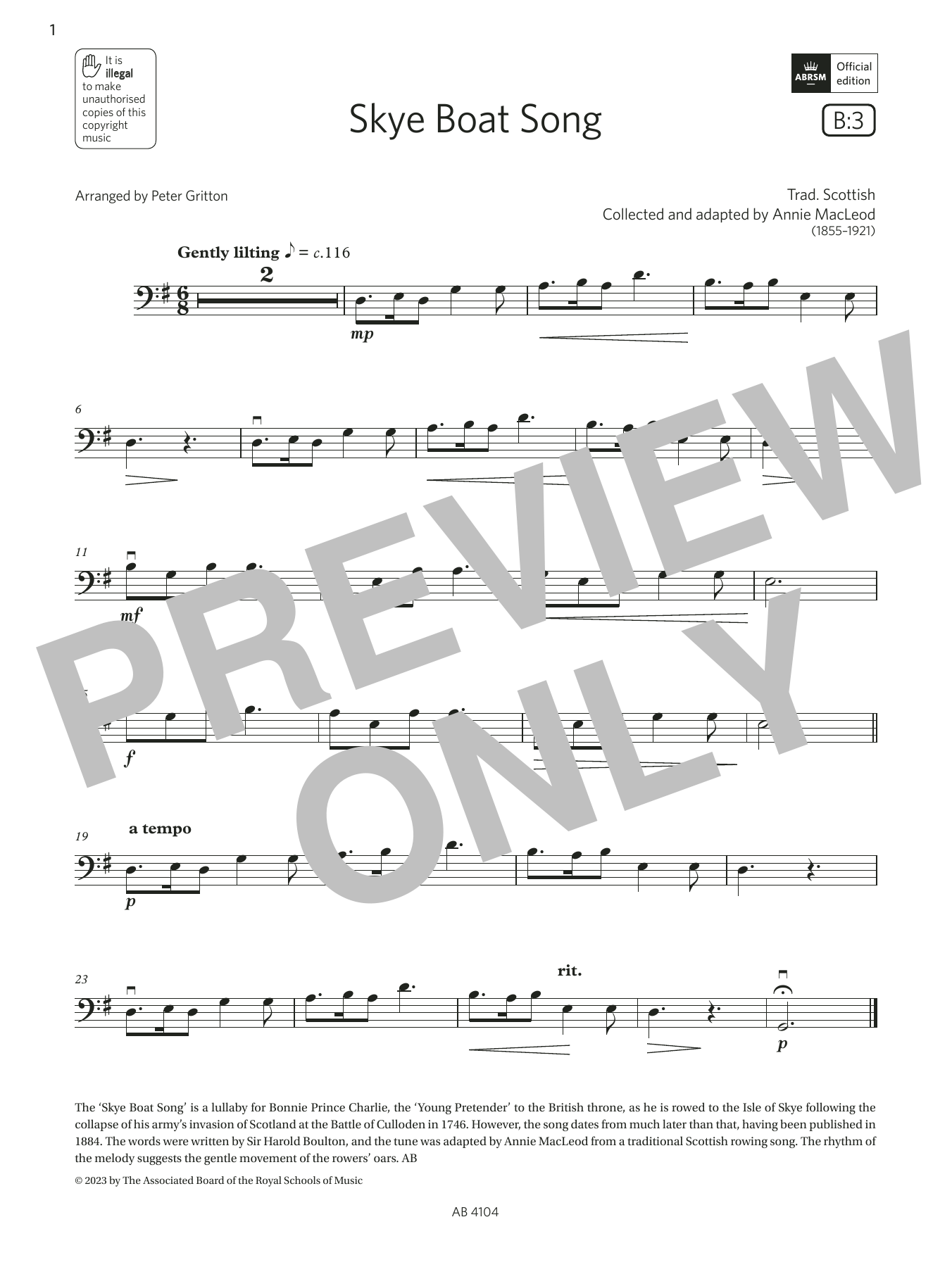 Trad. Scottish Skye Boat Song (Grade 1, B3, from the ABRSM Cello Syllabus from 2024) Sheet Music Notes & Chords for Cello Solo - Download or Print PDF