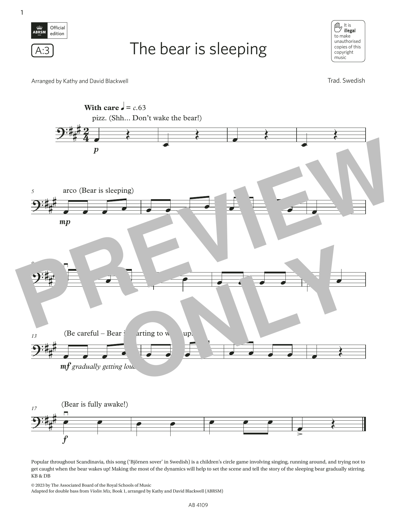 Trad. Swedish The bear is sleeping (Grade Initial, A3, from the ABRSM Double Bass Syllabus from 2024) Sheet Music Notes & Chords for String Bass Solo - Download or Print PDF