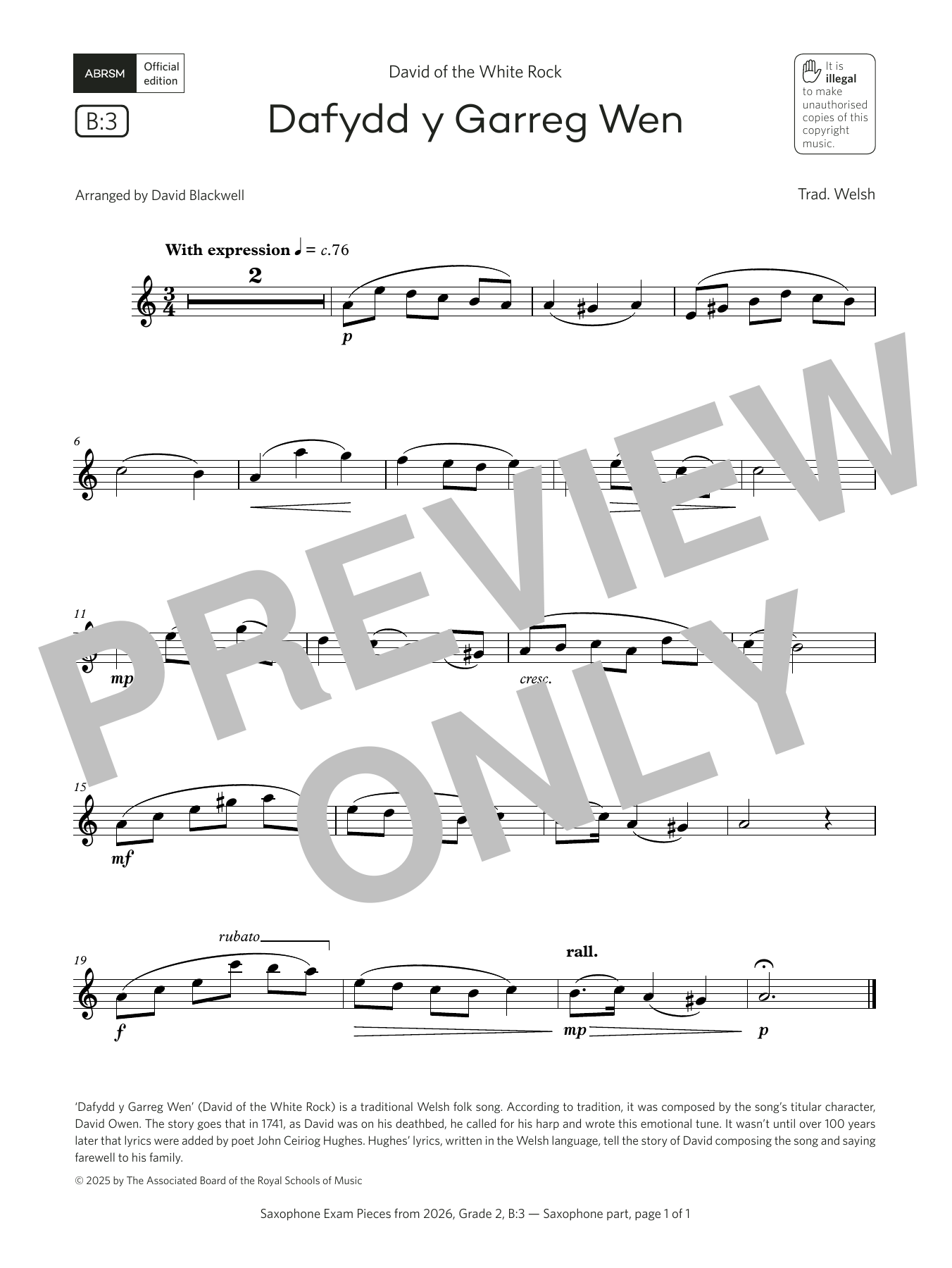 Trad. Welsh Dafydd y Garreg Wen (Grade 2, list B3, from the ABRSM Saxophone Syllabus from 2026) Sheet Music Notes & Chords for Alto Sax Solo - Download or Print PDF Trad. Welsh Dafydd y Garreg Wen (Grade 2, list B3, from the ABRSM Saxophone Syllabus from 2026) Sheet Music Notes & Chords for Alto Sax Solo - Download or Print PDF