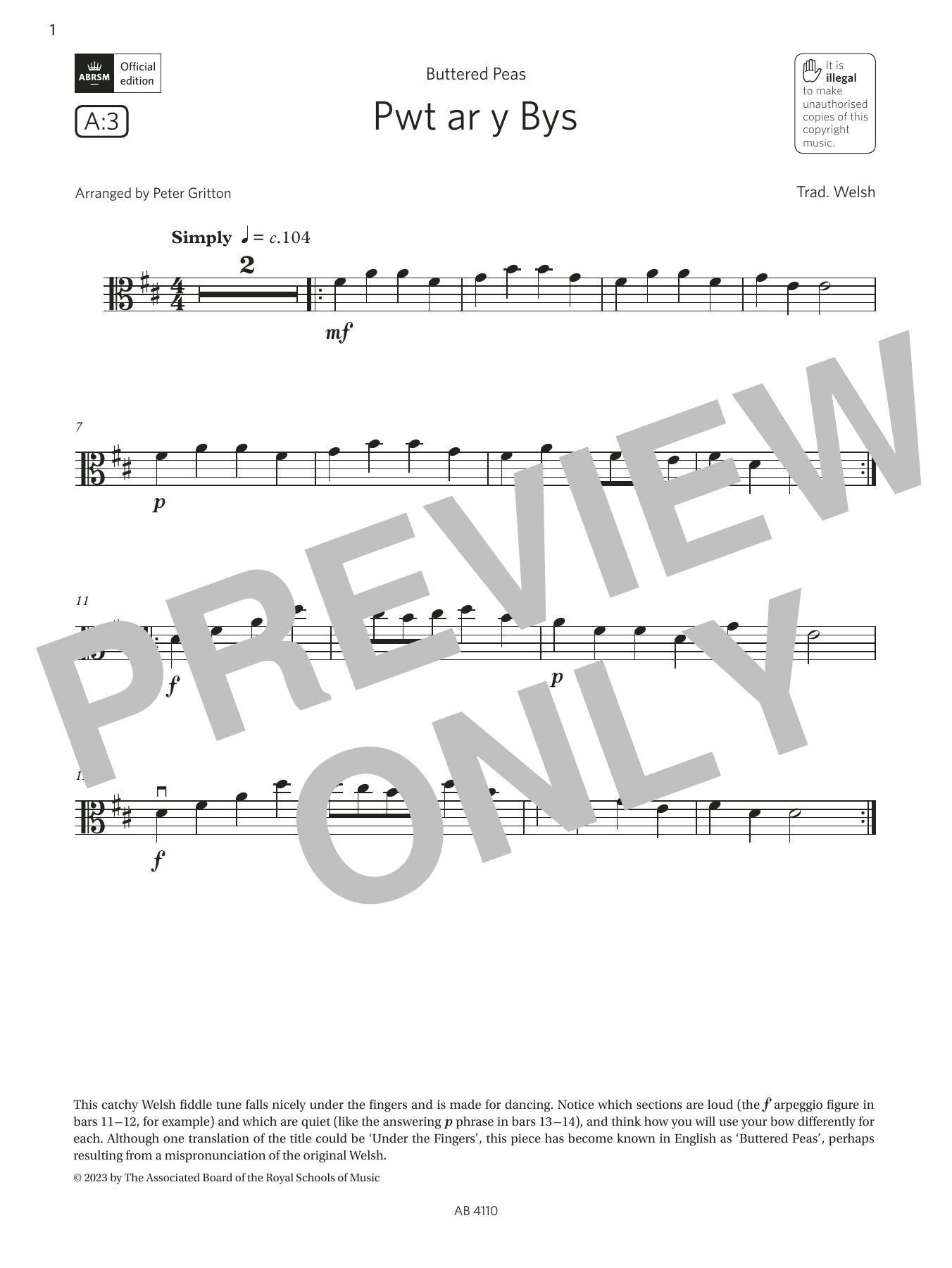 Trad. Welsh Pwt ar y Bys (Grade Initial, A3, from the ABRSM Viola Syllabus from 2024) Sheet Music Notes & Chords for Viola Solo - Download or Print PDF
