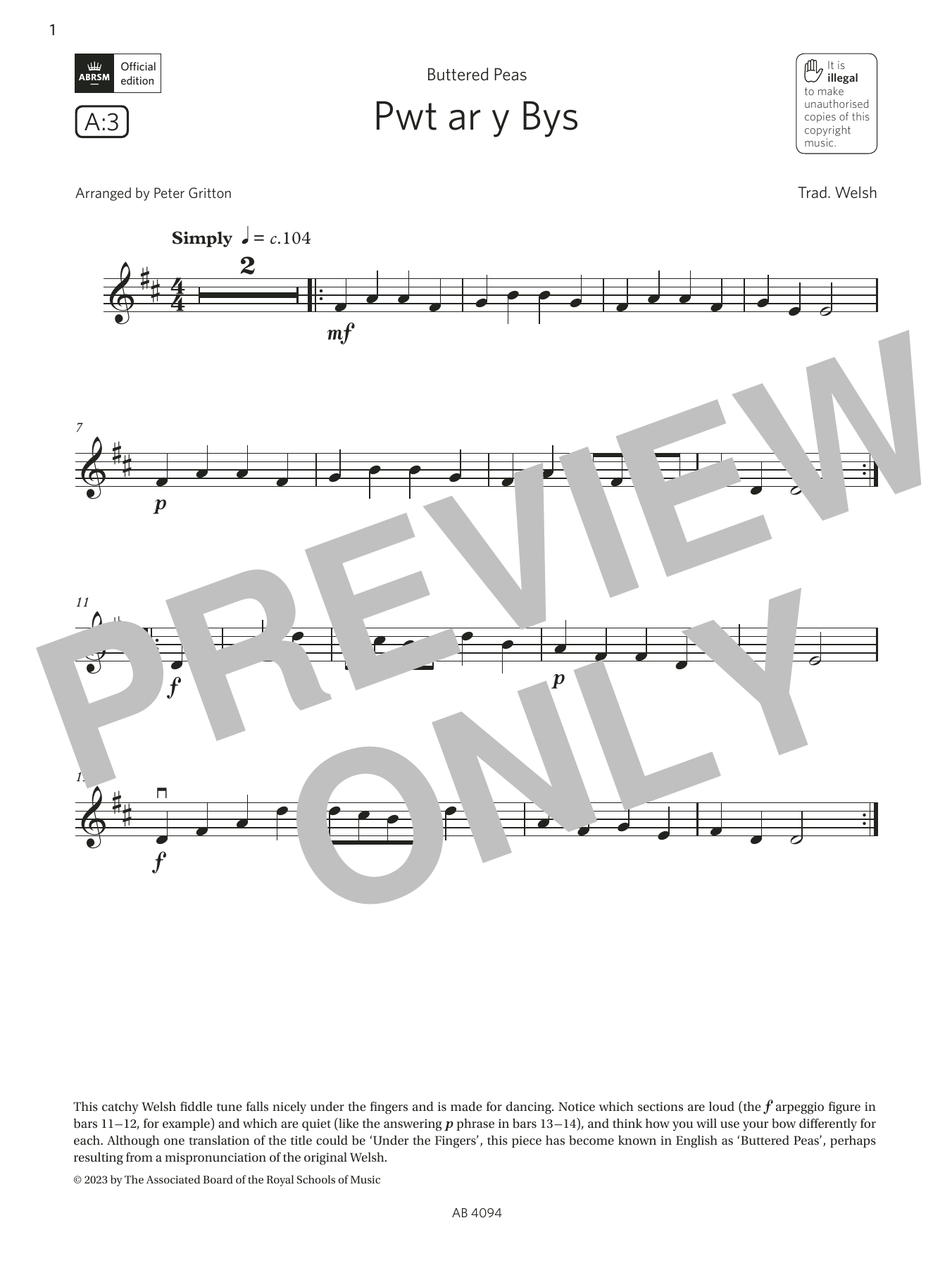Trad. Welsh Pwt ar y Bys (Grade Initial, A3, from the ABRSM Violin Syllabus from 2024) Sheet Music Notes & Chords for Violin Solo - Download or Print PDF