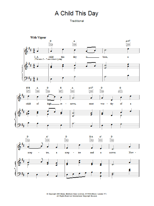 Traditional A Child This Day Sheet Music Notes & Chords for Piano, Vocal & Guitar (Right-Hand Melody) - Download or Print PDF
