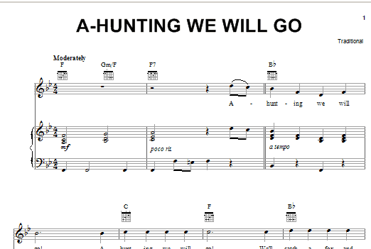 Traditional A-Hunting We Will Go Sheet Music Notes & Chords for Piano, Vocal & Guitar (Right-Hand Melody) - Download or Print PDF