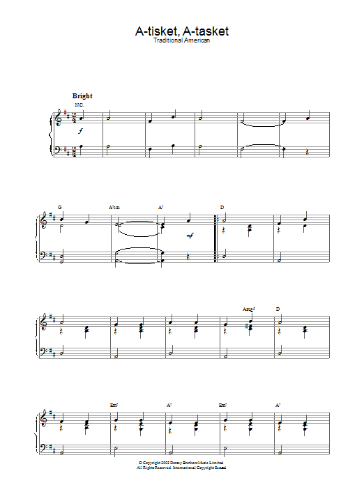 Traditional Nursery Rhyme A-tisket, A-tasket Sheet Music Notes & Chords for 5-Finger Piano - Download or Print PDF