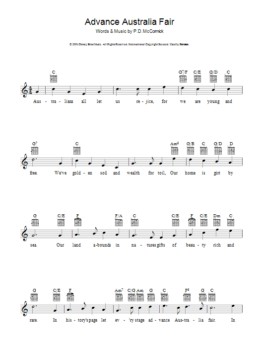 Peter McCormick Advance Australia Fair (Australian National Anthem) Sheet Music Notes & Chords for Melody Line, Lyrics & Chords - Download or Print PDF