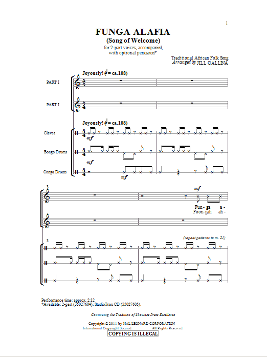 Traditional African Folk Song Funga Alafia (arr. Jill Gallina) Sheet Music Notes & Chords for 2-Part Choir - Download or Print PDF