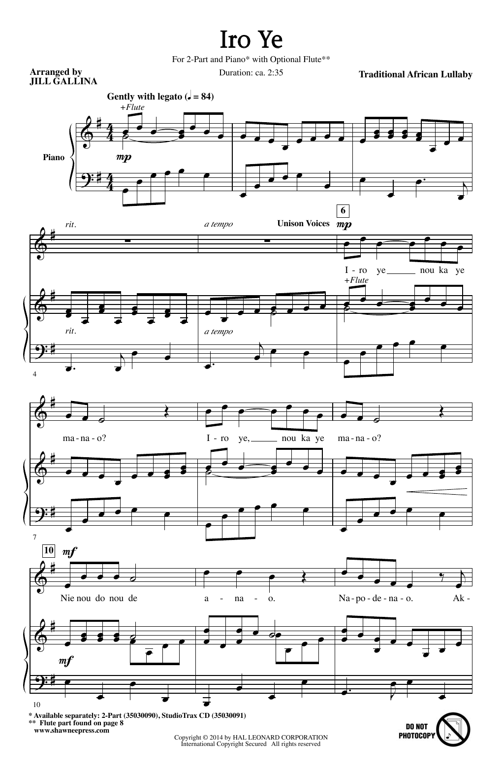 Traditional African Lullaby Iro Ye (arr. Jill Gallina) Sheet Music Notes & Chords for 2-Part Choir - Download or Print PDF