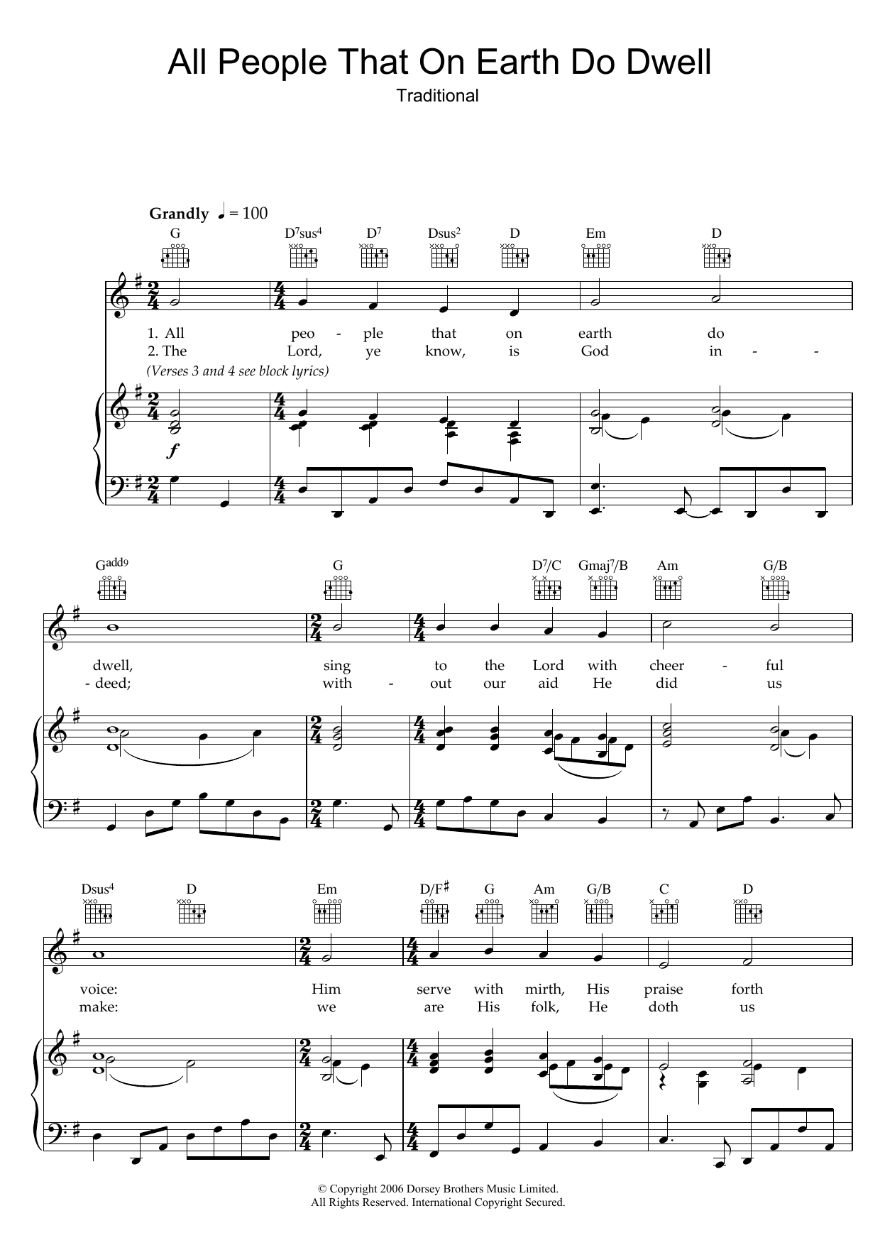 Traditional All People That On Earth Do Dwell Sheet Music Notes & Chords for Piano, Vocal & Guitar (Right-Hand Melody) - Download or Print PDF