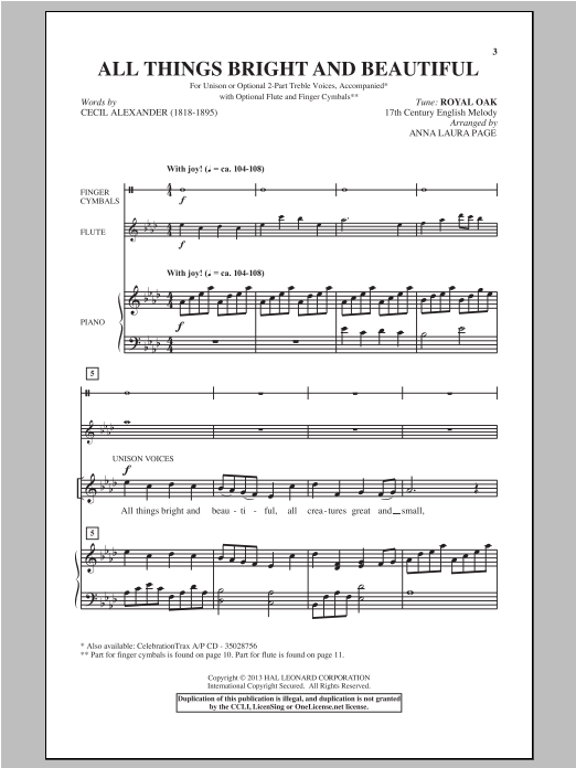 Traditional All Things Bright And Beautiful (arr. Anna Laura Page) Sheet Music Notes & Chords for Unison Choral - Download or Print PDF
