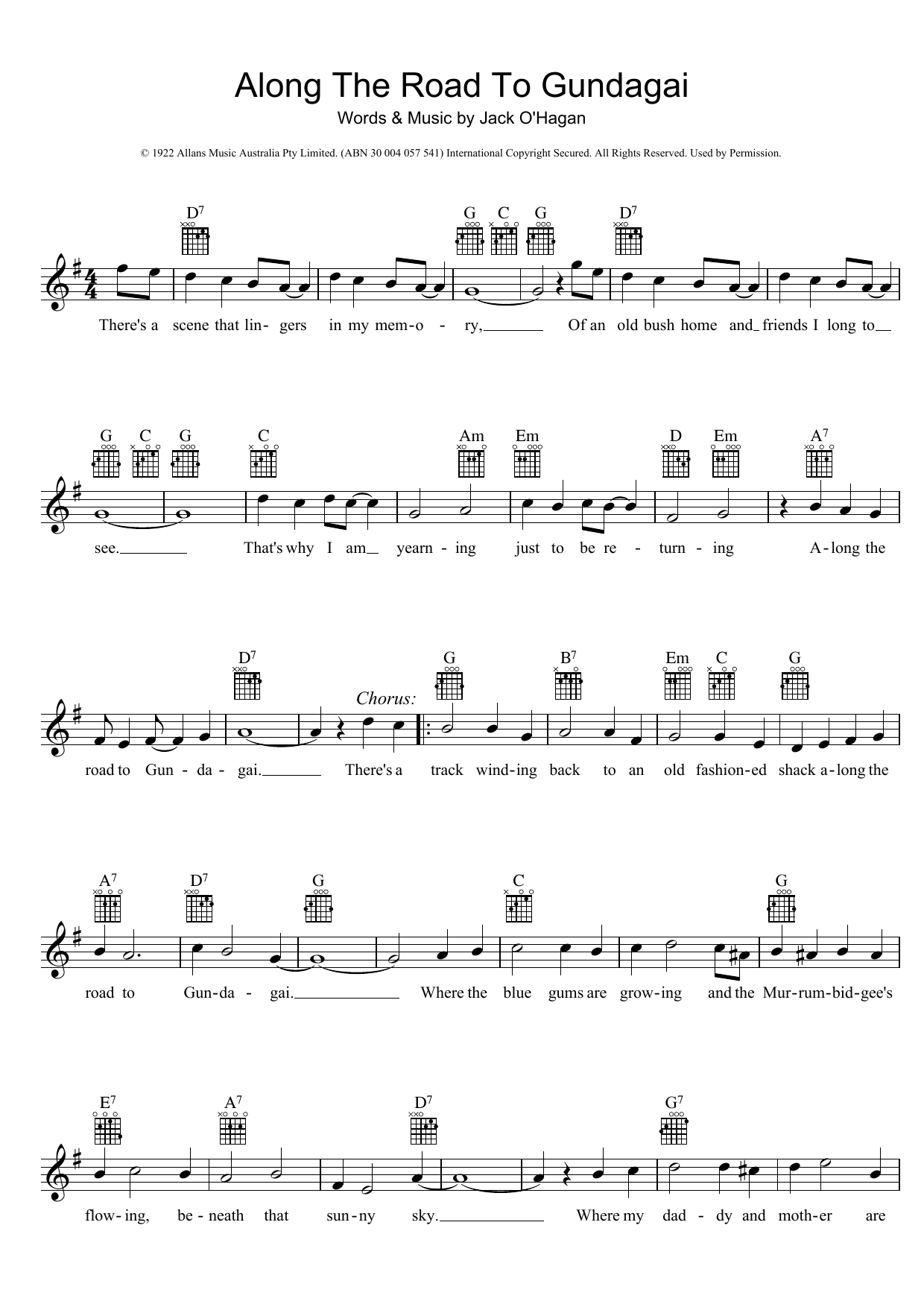 Traditional Along The Road To Gundagai Sheet Music Notes & Chords for Melody Line, Lyrics & Chords - Download or Print PDF