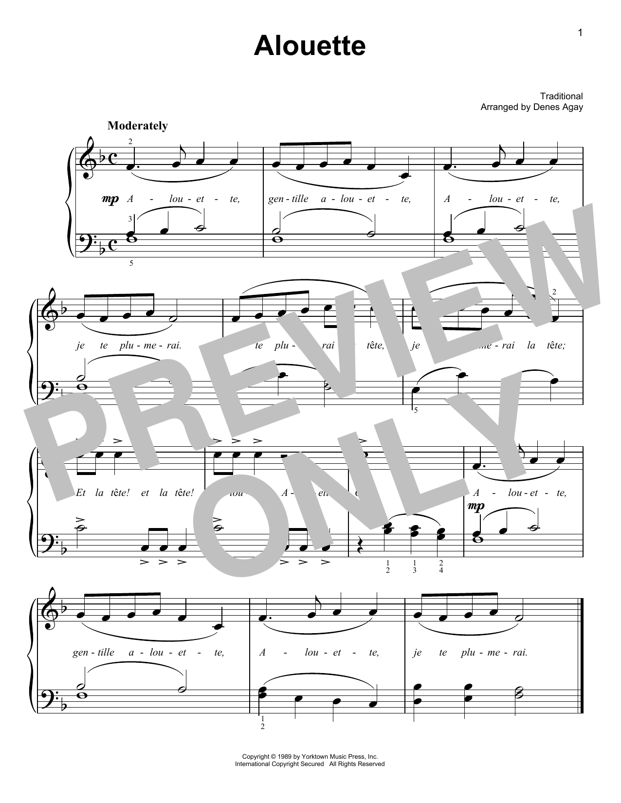 Traditional Alouette (arr. Denes Agay) Sheet Music Notes & Chords for Easy Piano - Download or Print PDF